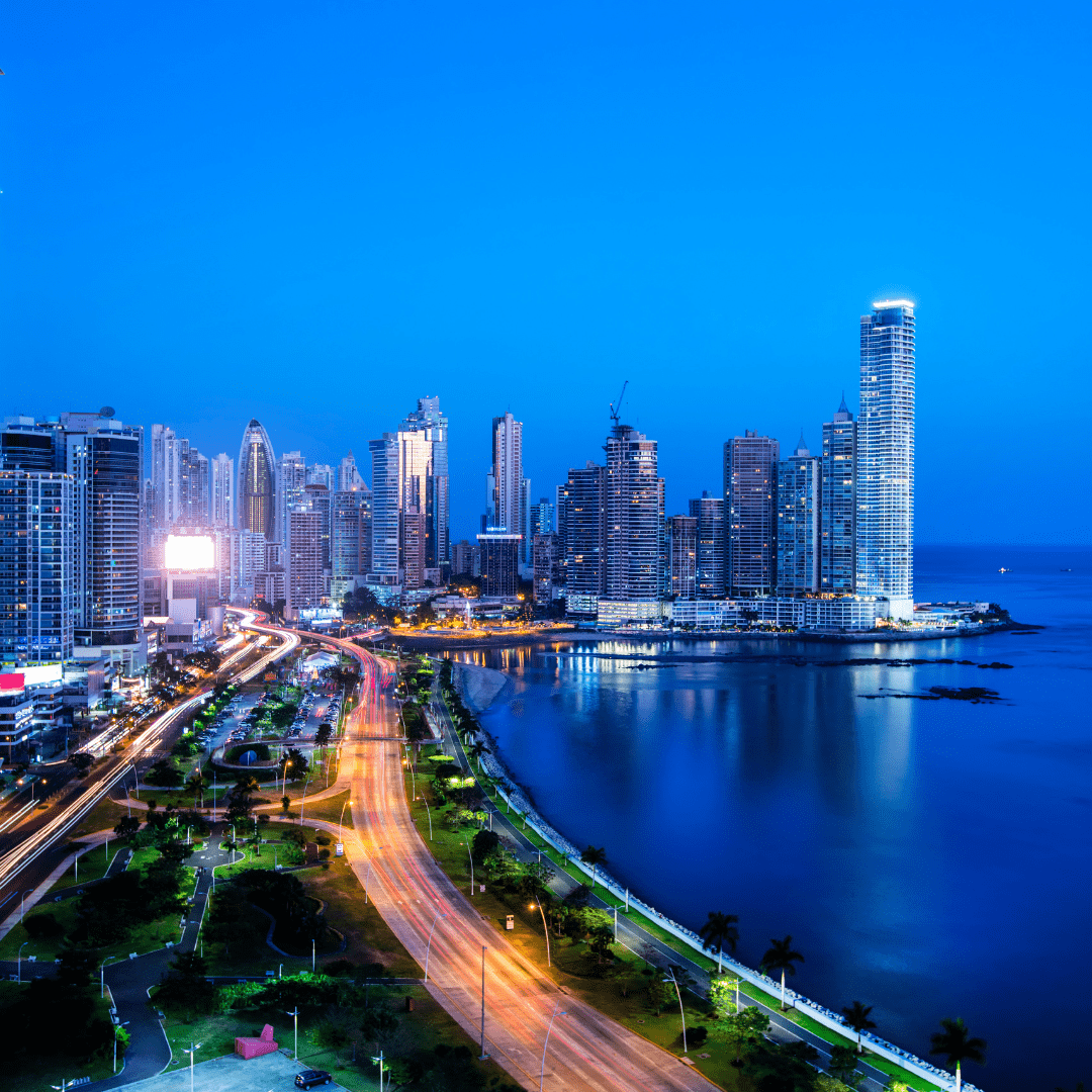 Panama City skyline and waterfront at dusk